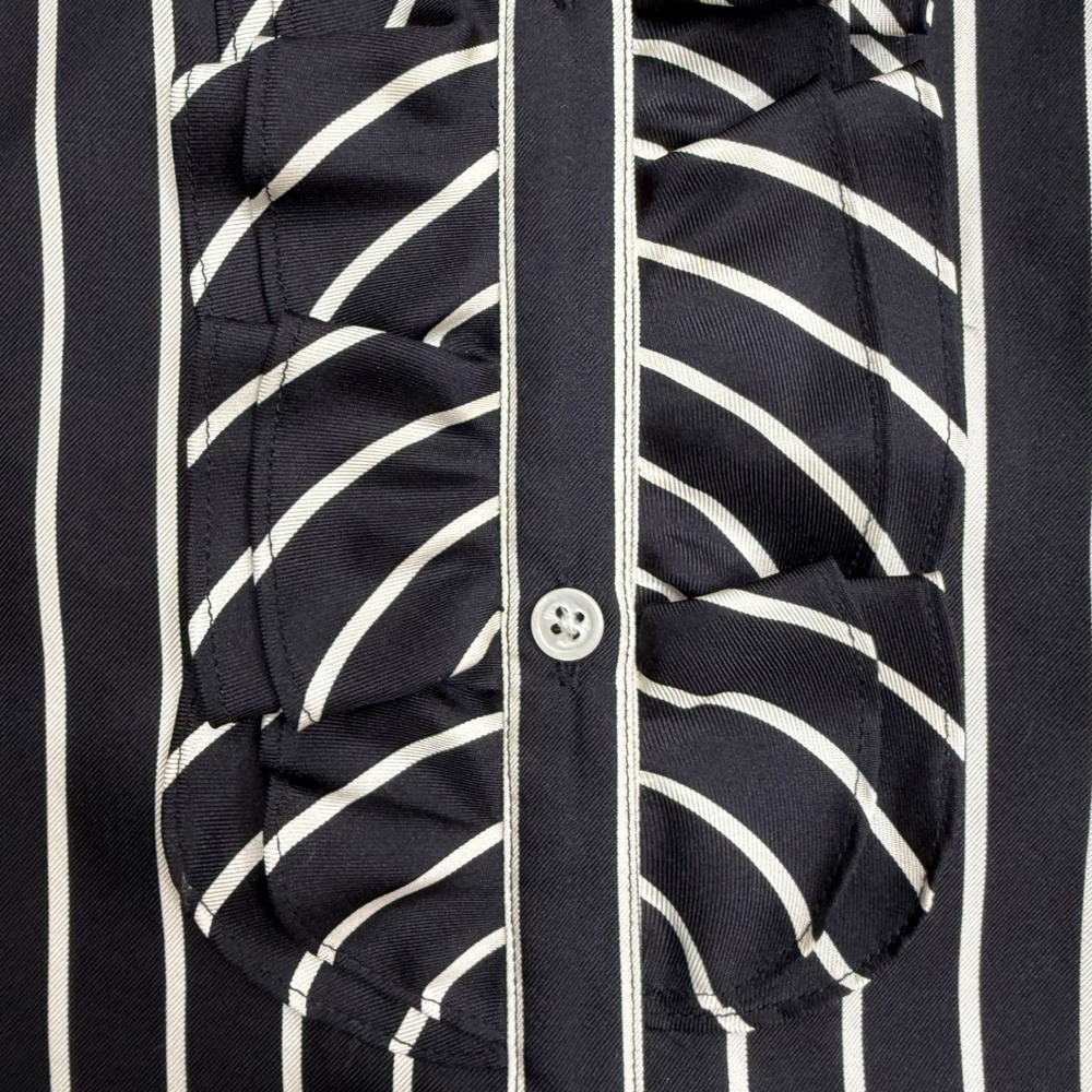 LRL Ralph Lauren Silk Black White Striped‎ Ruffle Front Dark Coquette Goth L - Picture 3 of 15
